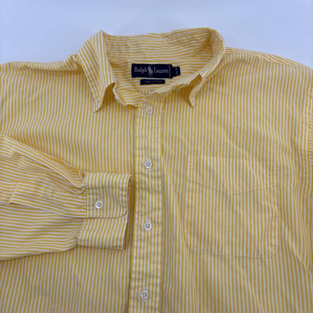 Ralph Lauren Button Down Shirt Mens 17.5 Yellow White Striped Cotton Classic